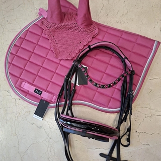 Cabezada de montar de cuero HKM Sports Equipment Manchester frontalera cristales rosa/negro, riendas antideslizantes, talla COB - Imagen 2