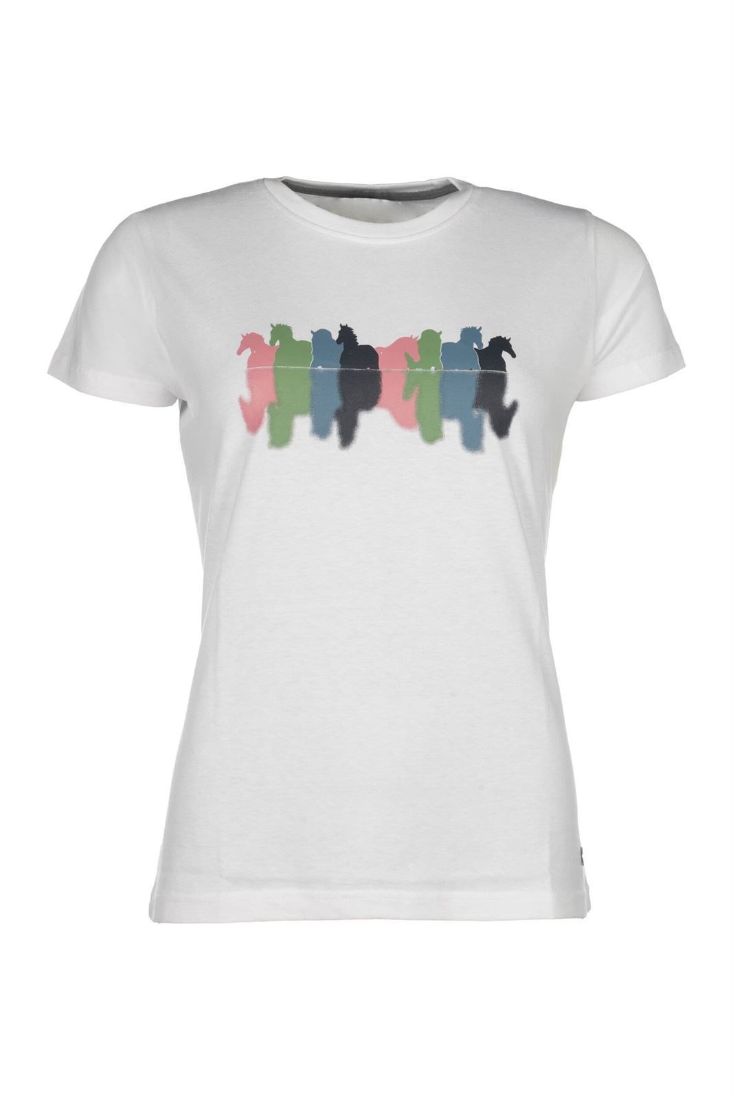 Camiseta HKM Sports Equipment Mirror blanca siluetas caballos colores - Imagen 1