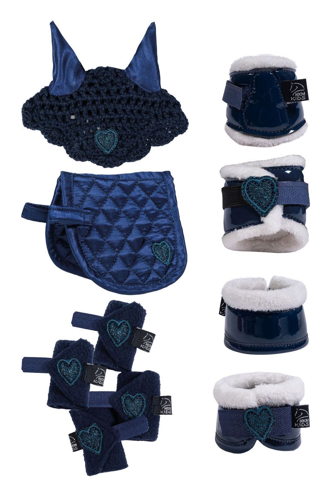 CUDDLE PONY Set accesorios HKM Sports Equipment Mantilla, orejeras, vendas, protectores y campanas color azul marino - Imagen 1