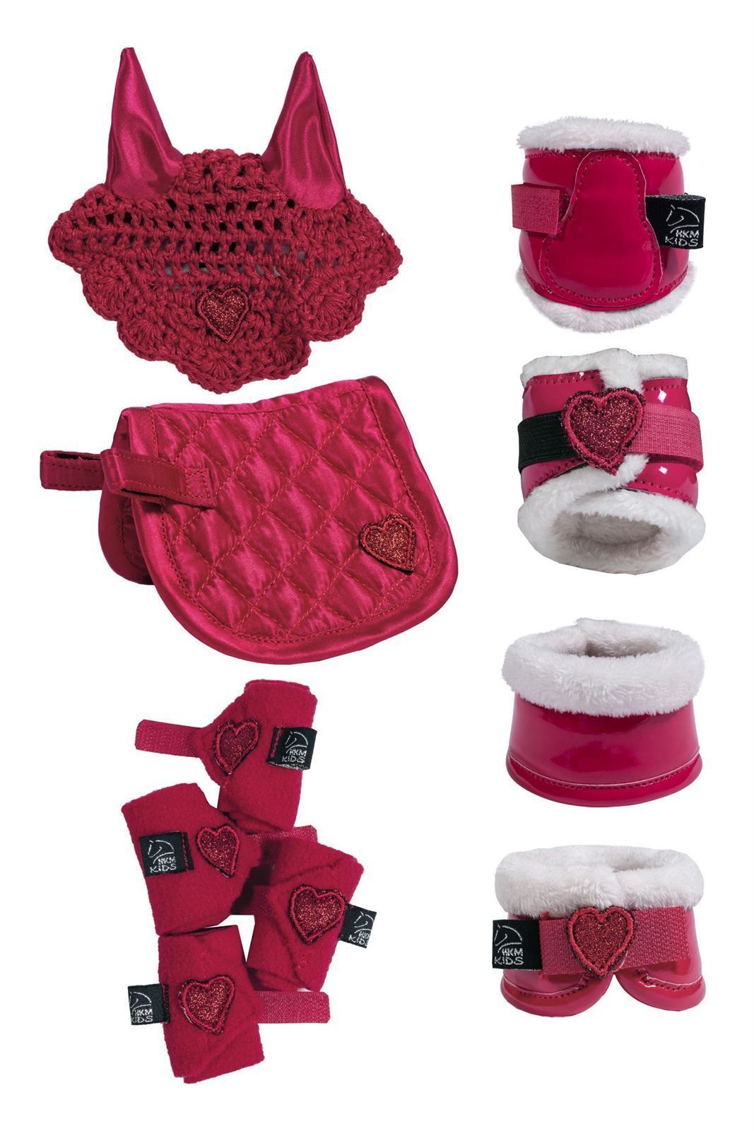 CUDDLE PONY Set accesorios HKM Sports Equipment Mantilla, orejeras, vendas, protectores y campanas color rosa - Imagen 1