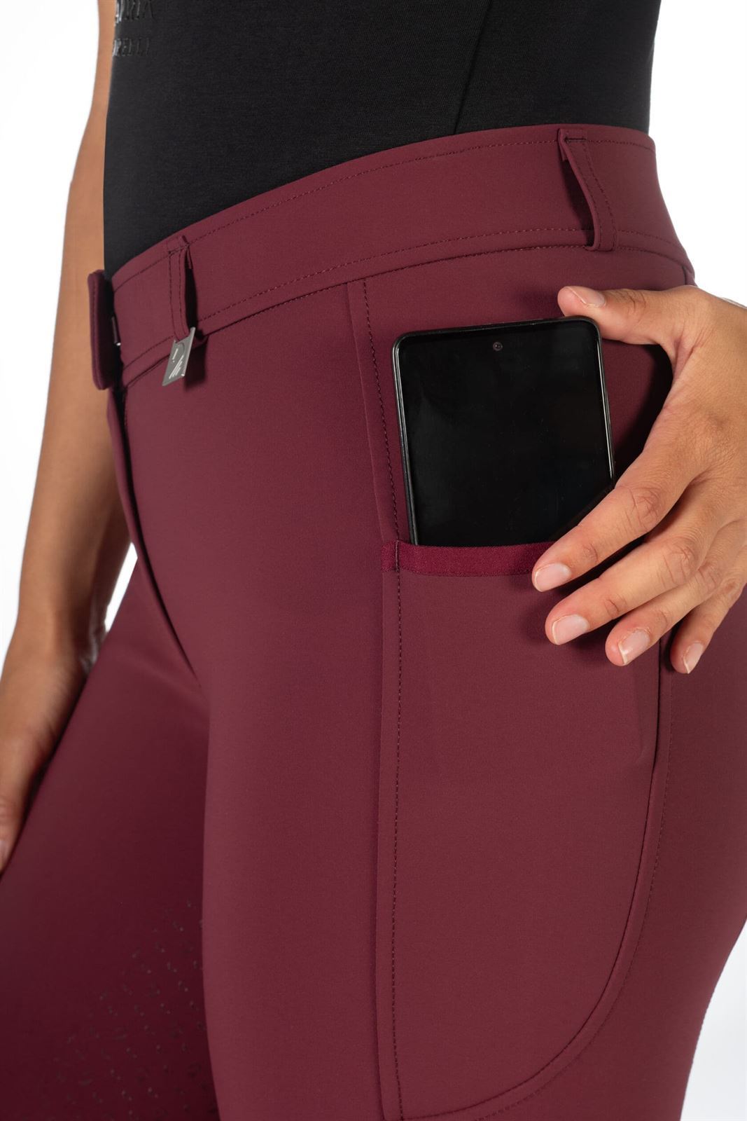 Pantalón mujer LAURIA GARRELLI HKM Sports Equipment Livigno culera de grip, color granate - Imagen 9